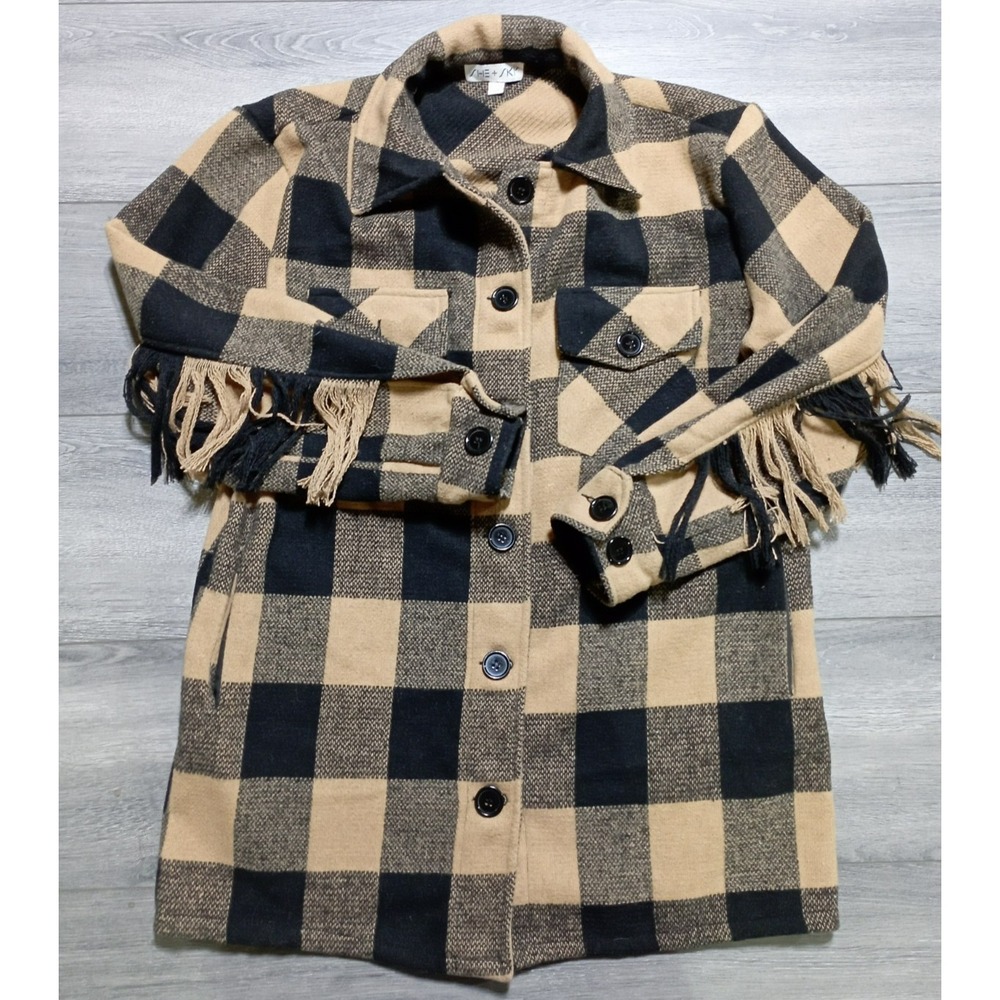 She + Sky Buffalo Plaid Fringe Coat Womens Medium Brown Black SS6790 Shacket